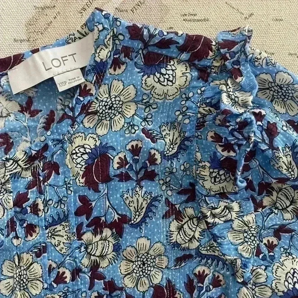 LOFT Size XXS Indian Hand Block Floral 3/4 Smocked Sleeve - Picture 2 of 5